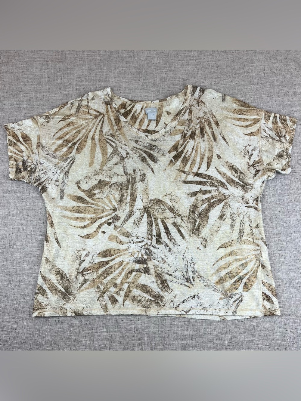 Chico’s Tropical Linen Top XL 3 Boxy Dolman  Stretch Slinky Shimmer Neutral Leaf
